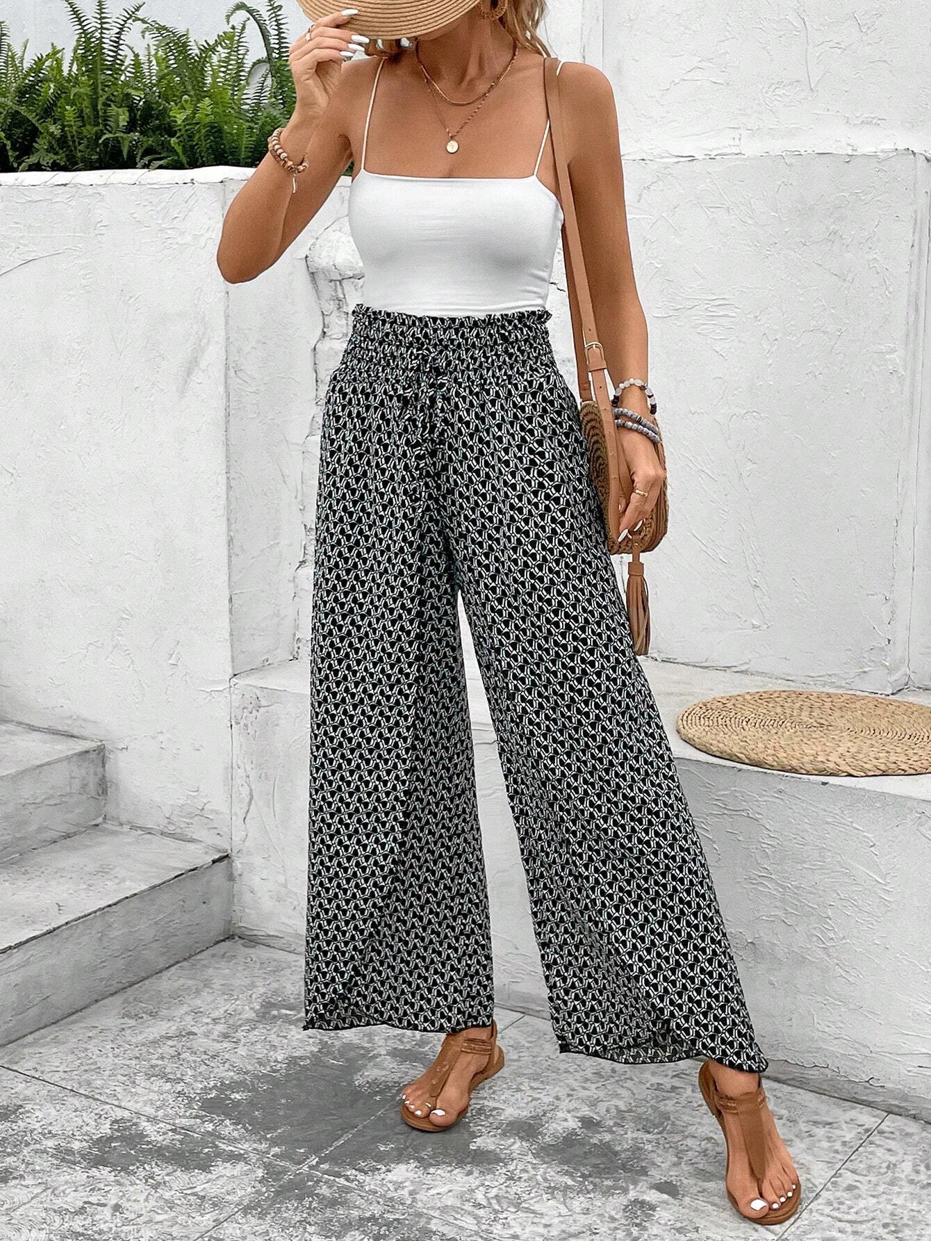 Black Bohemian Print Slit Wide Leg Smocked High Waist Trousers eAura