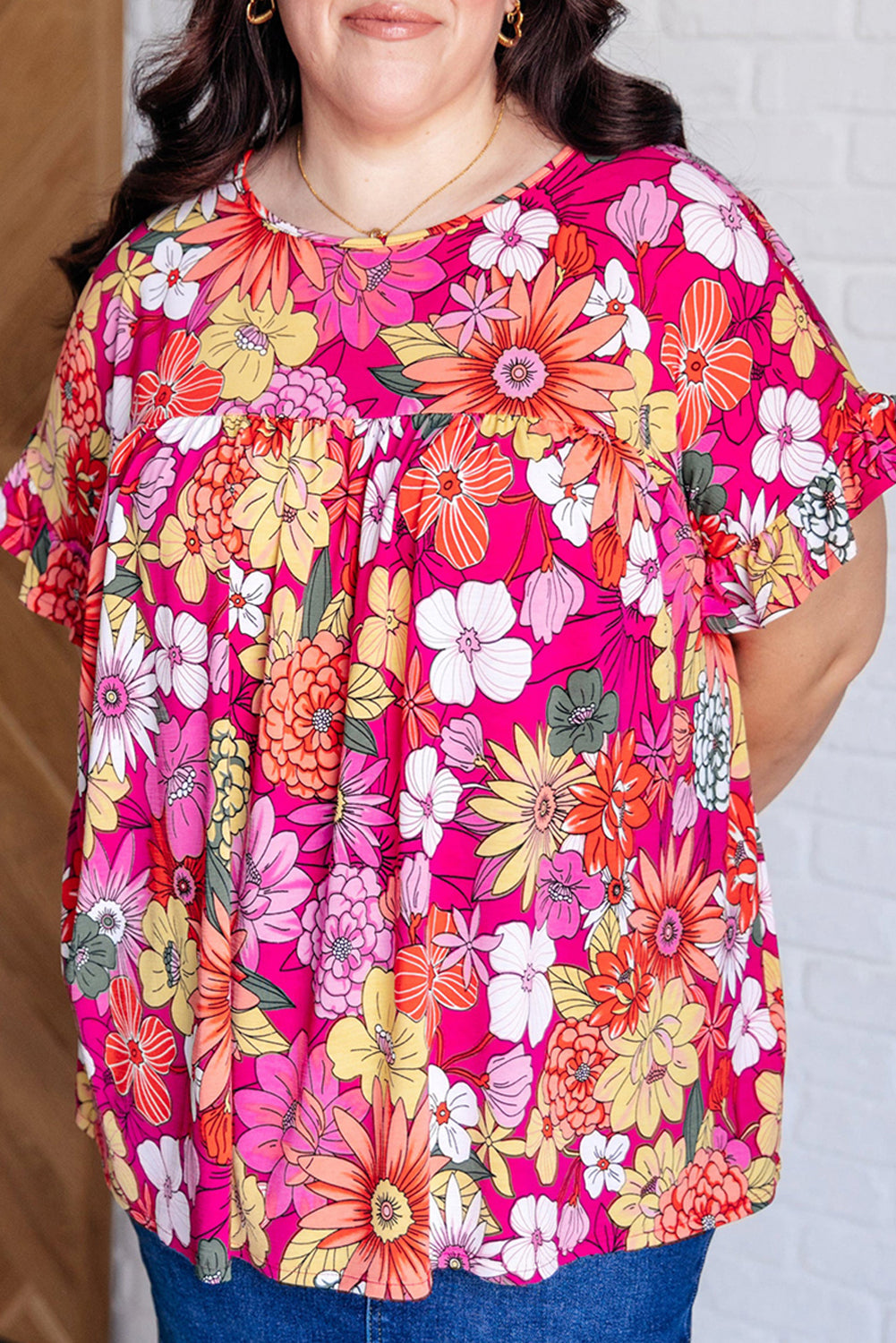 Rose Plus Size Floral Print Ruffle Short Sleeve Blouse BB Fashion Outlet