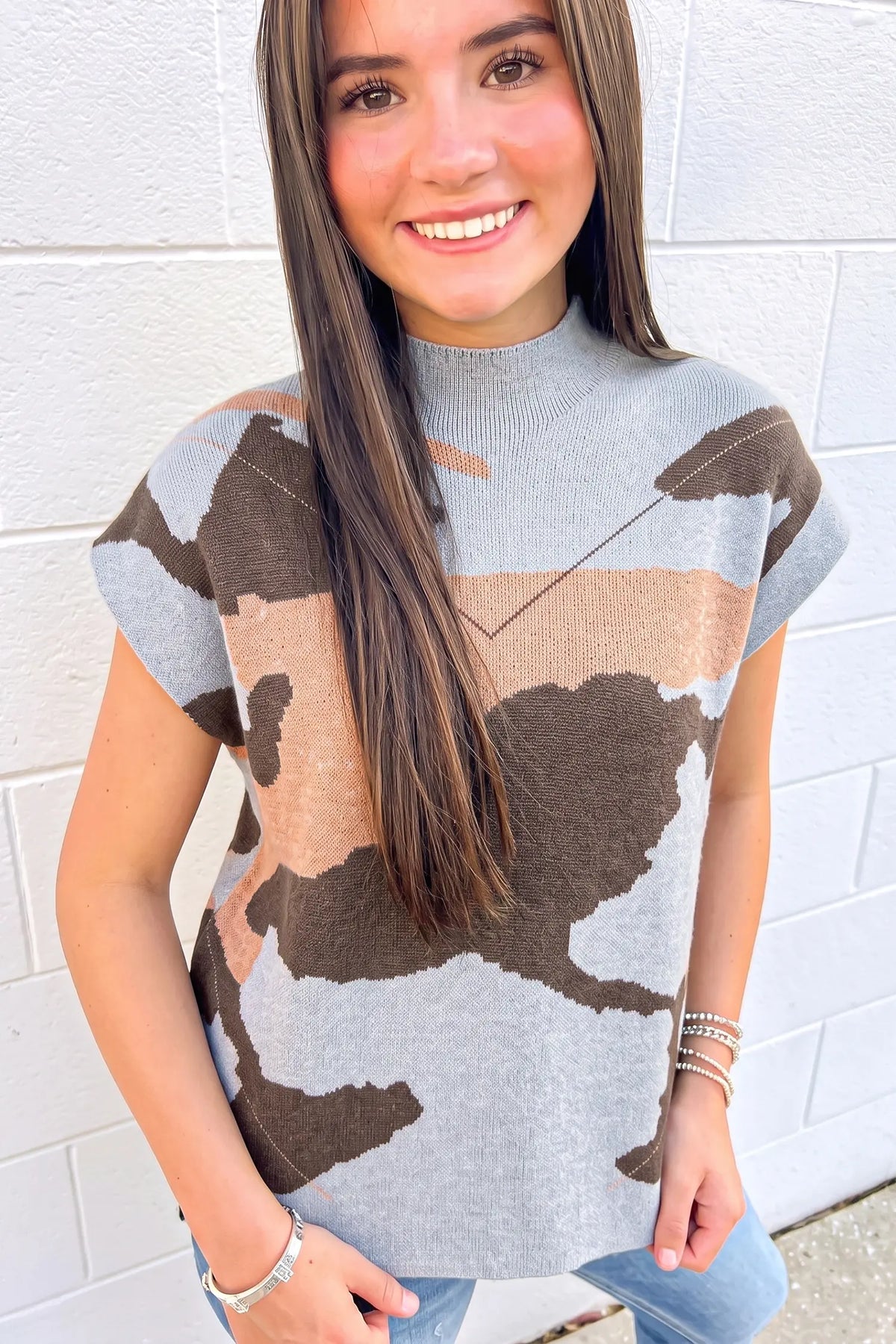 Camouflage Pattern Drop Shoulder High Neck Short Sleeve Shift Sweater – Grey