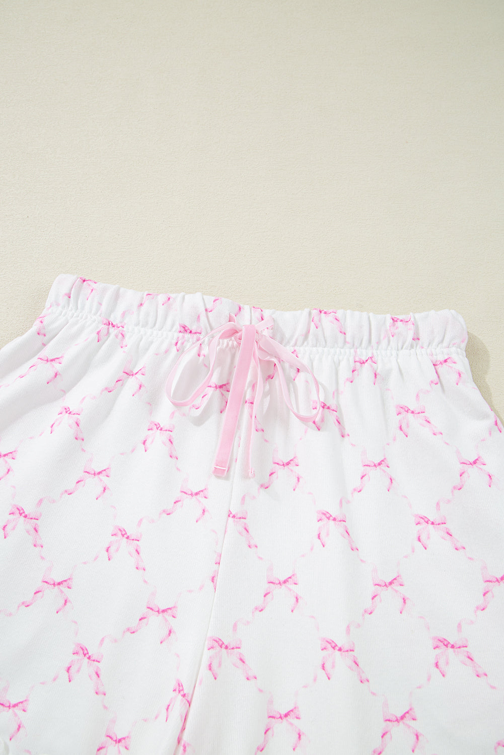 Pink Bow Knot Geometric Print Lettuce Trim Two Piece Pyjamas eAura
