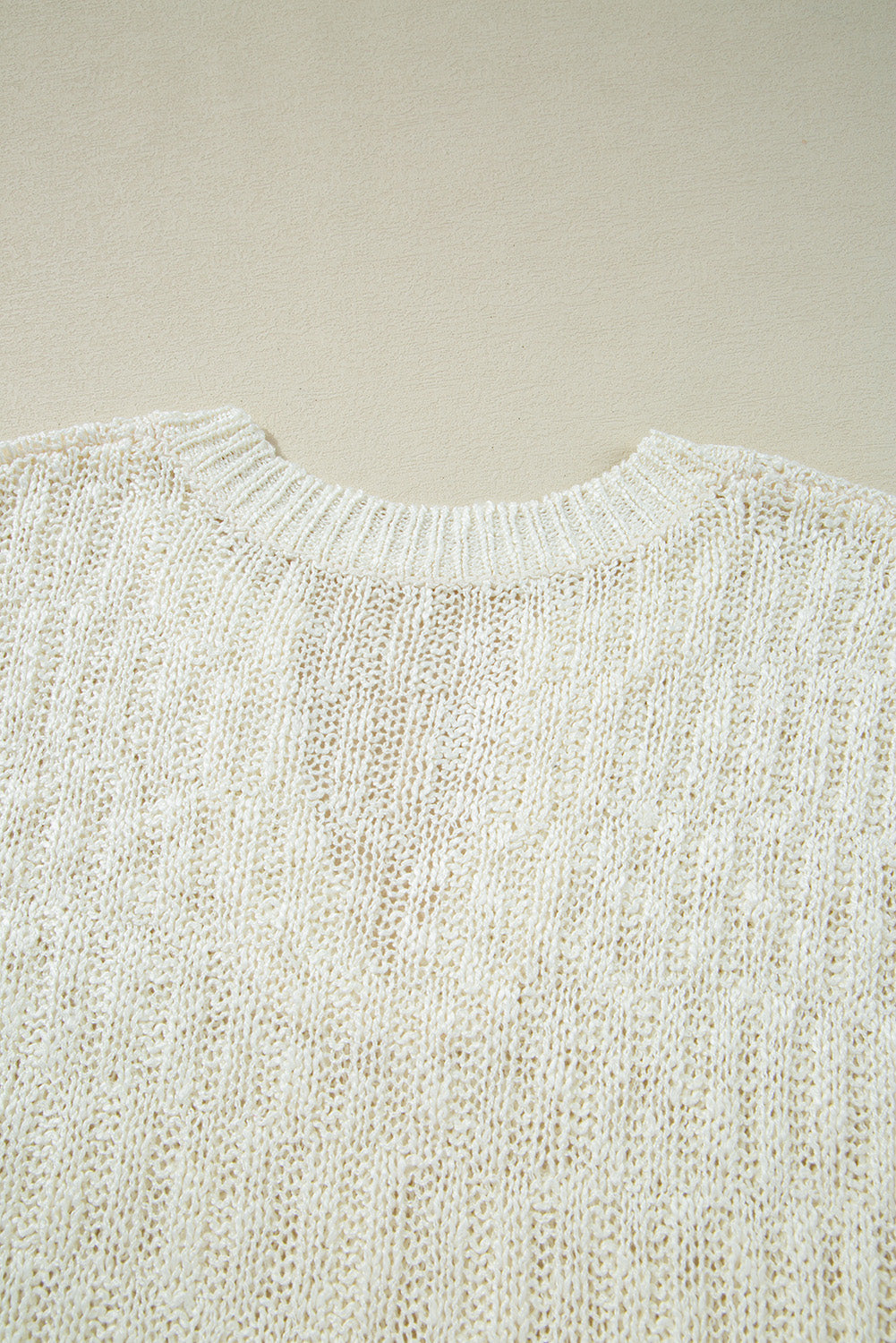 Beige Notched V Neck Short Sleeve Sweater eAura