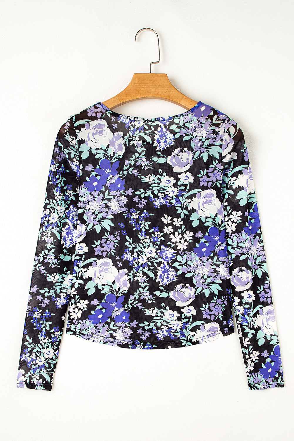 Orchid Petal Floral Print Mesh Fitted Long Sleeve Top eAura