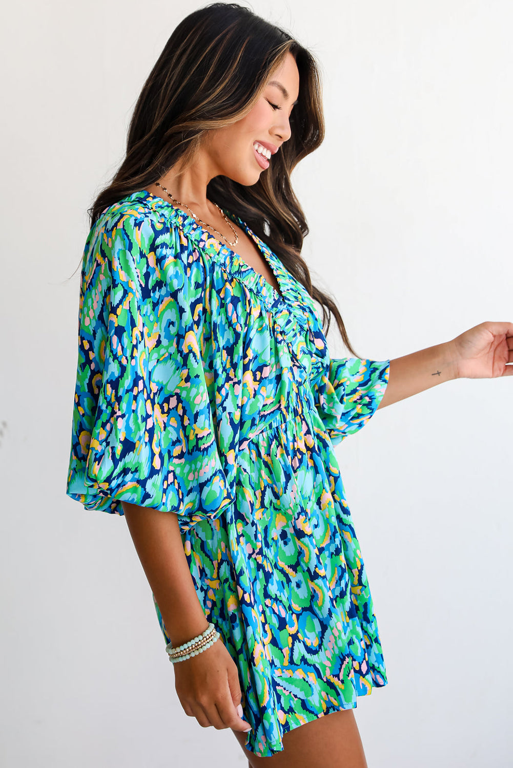 Green Abstract Print Puff Sleeve V Neck High Waist Romper eAura