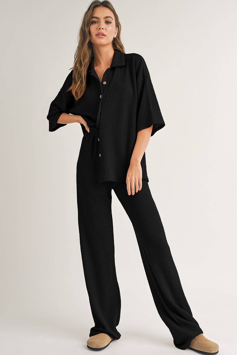 Black Solid Colour Textured Buttoned Shirt and Casual Trousers Set eAura