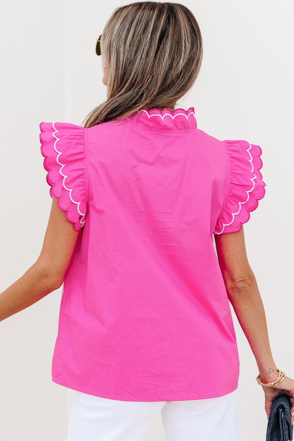 Bright Pink Scallop Trim Short Sleeve V Neck Top eAura