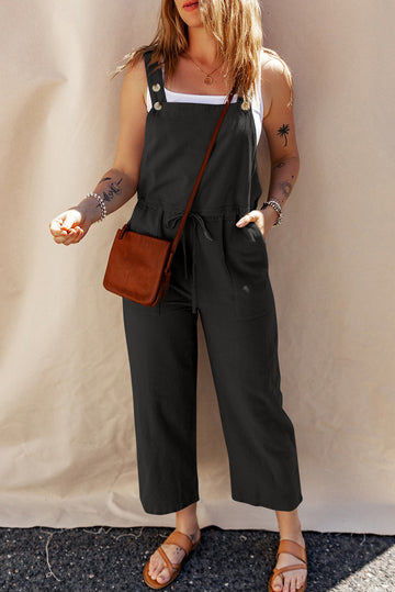 Black Drawstring Buttoned Straps Cropped Overall BB Fashion Outlet