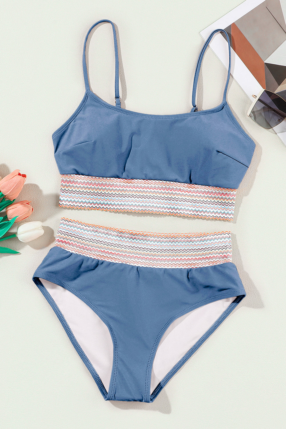 Blue Stitch Border 2-Piece High Waist Bikini Set