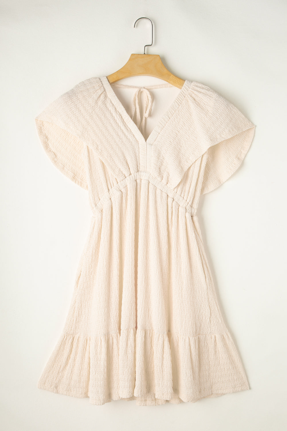 Beige Textured Deep V Neck Cutout Back Mini Dress eAura