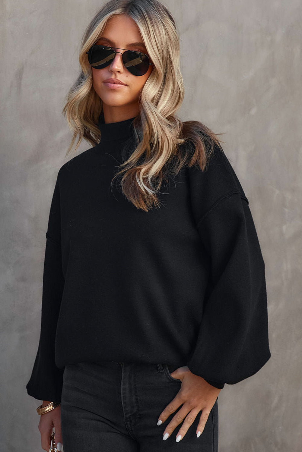 Turtleneck Drop Shoulder Bubble Sleeve Knit Sweater eAura