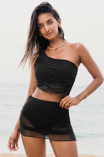 Black Pleated Mesh One Shoulder Bikini Top and Skirts Set eAura