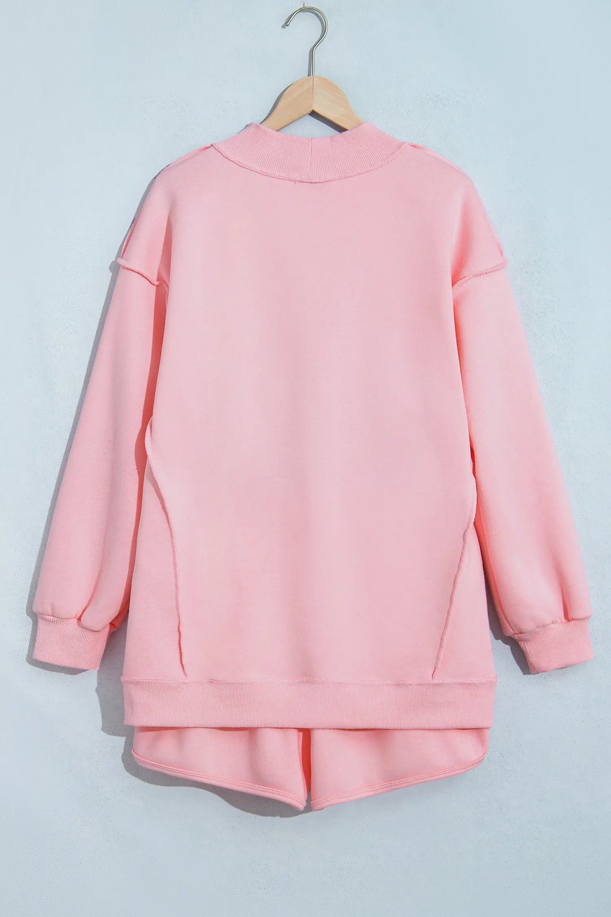 Light Pink High Neck Exposed Seam Drop Shoulder Baggy Pullover Short Set