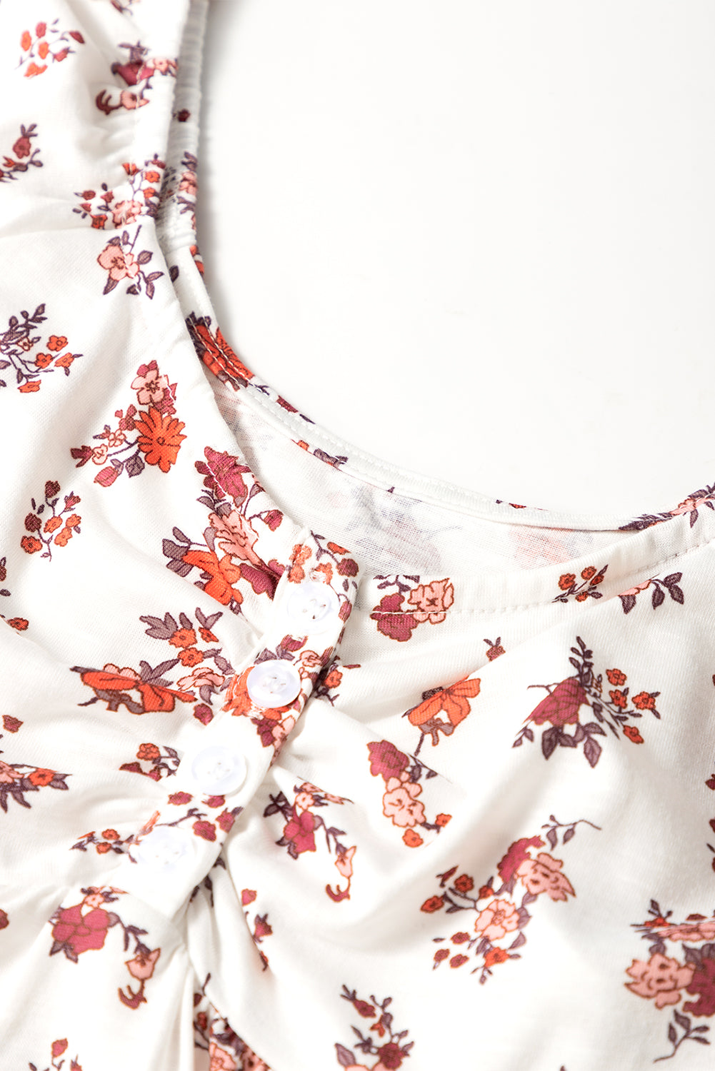 White Boho Floral Ruched Cinched Short Sleeve Blouse eAura