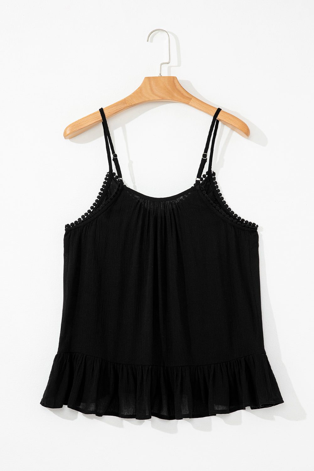 Black Floral Embroidery Ruffled Spaghetti Straps Tank Top eAura