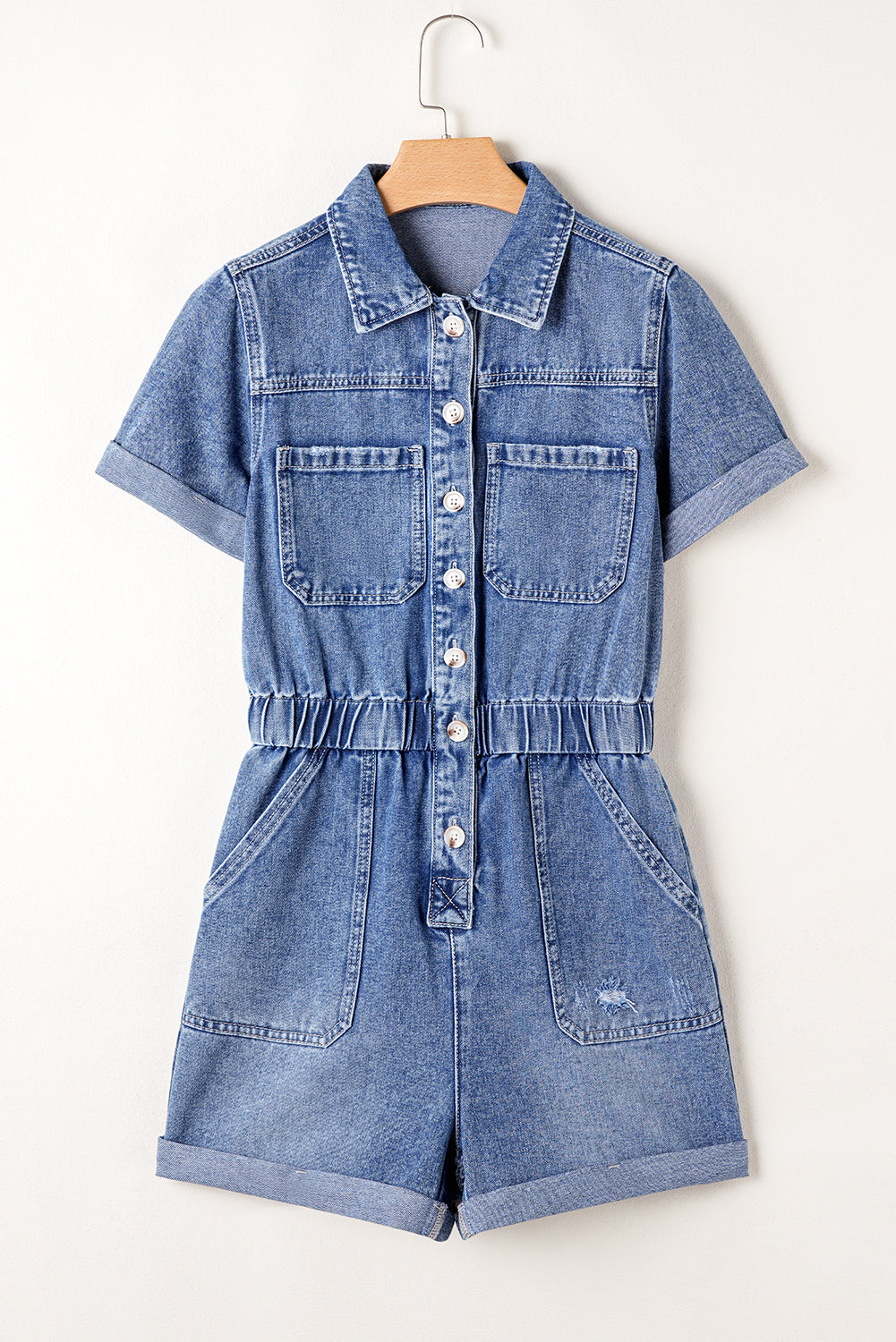 Dusk Blue Chest Pocket Front Buttoned Folded Edge Denim Short Sleeve Romper eAura