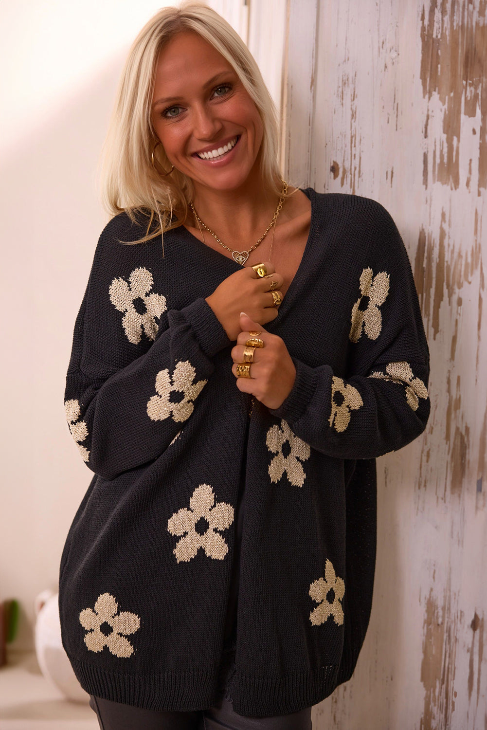 Black Floral Print Knitted Open Front Loose Cardigan eAura