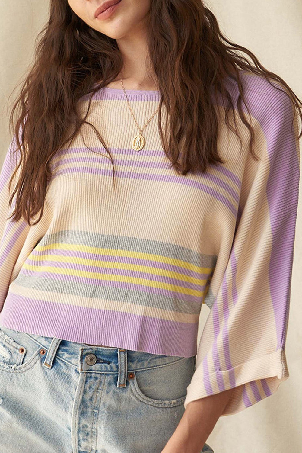 Purple Stripe Borderline Rib Knit Cuffed Dolman Sleeve Sweater eAura