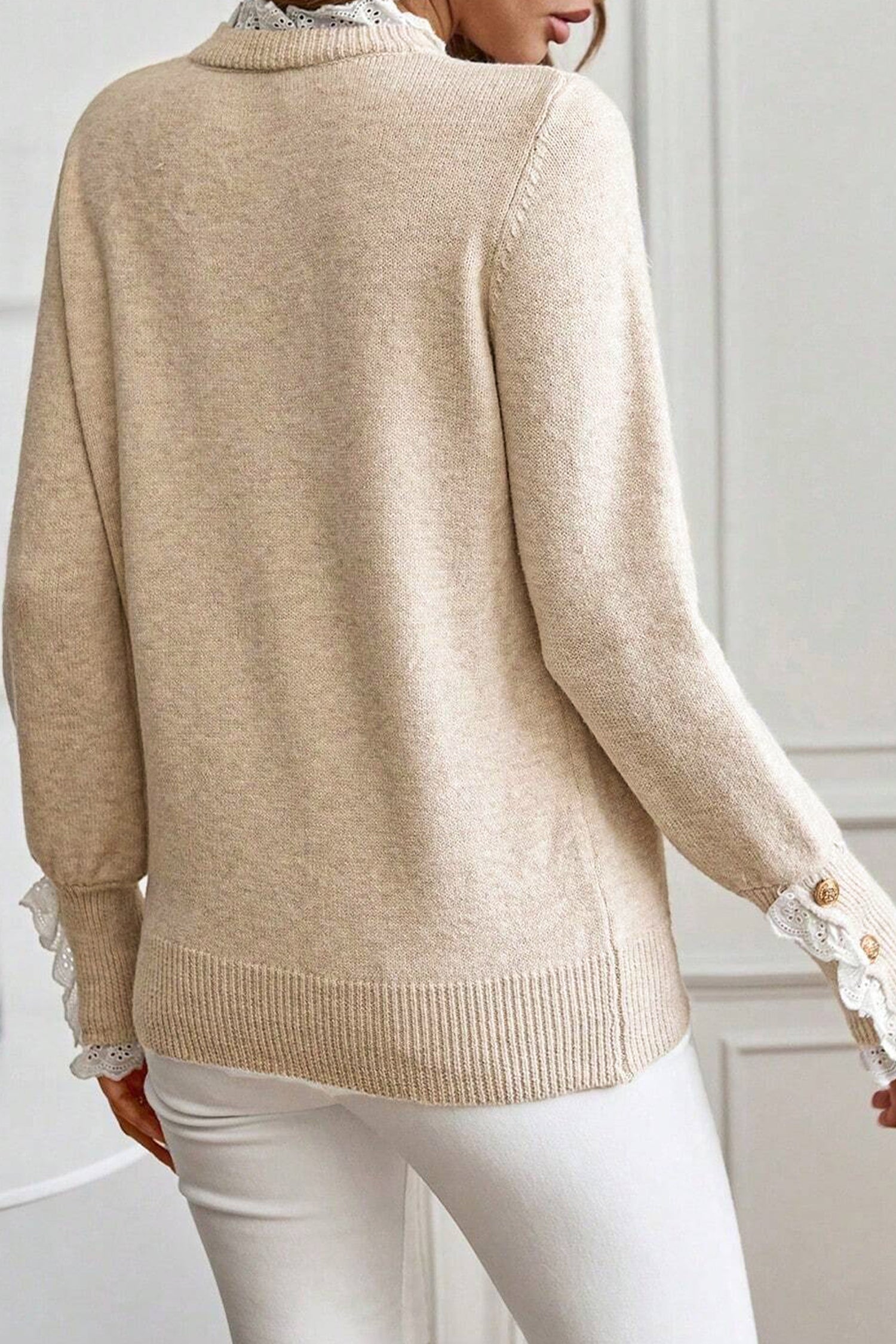 Lace Trim Sweater Patchwork Buttoned Cuffs Loose Sweater - eAura