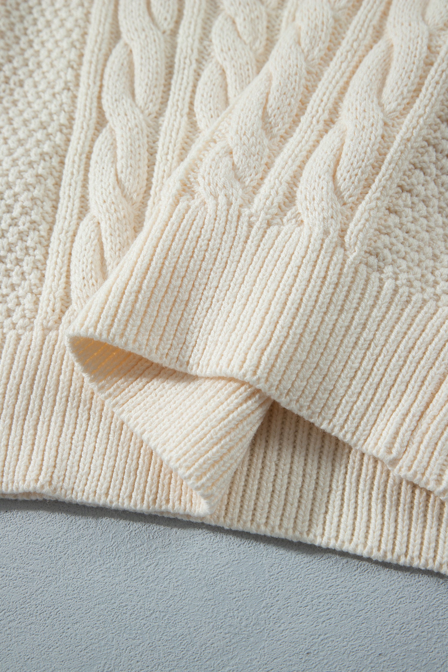 Drop Shoulder Round Neck Cable Knit Sweater – Beige