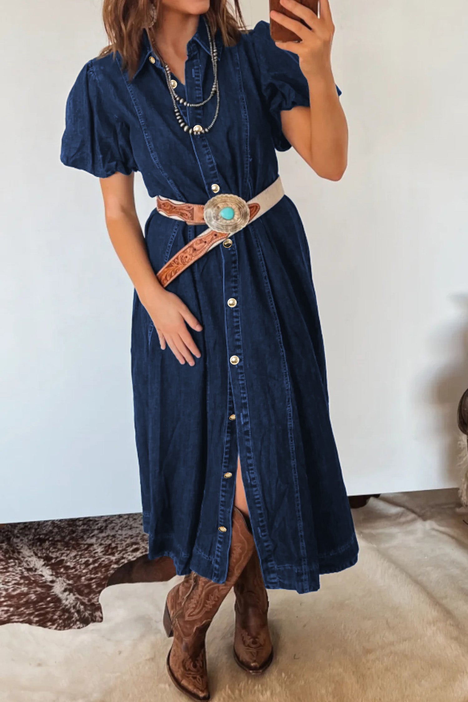Full Button Collared Bubble Sleeve Long Denim Dress