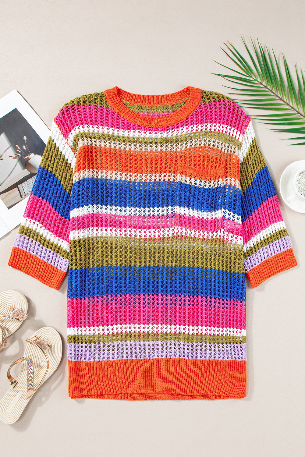 Pink Stripe Colourblock Hollowed Crochet 3/4 Sleeve Sweater eAura