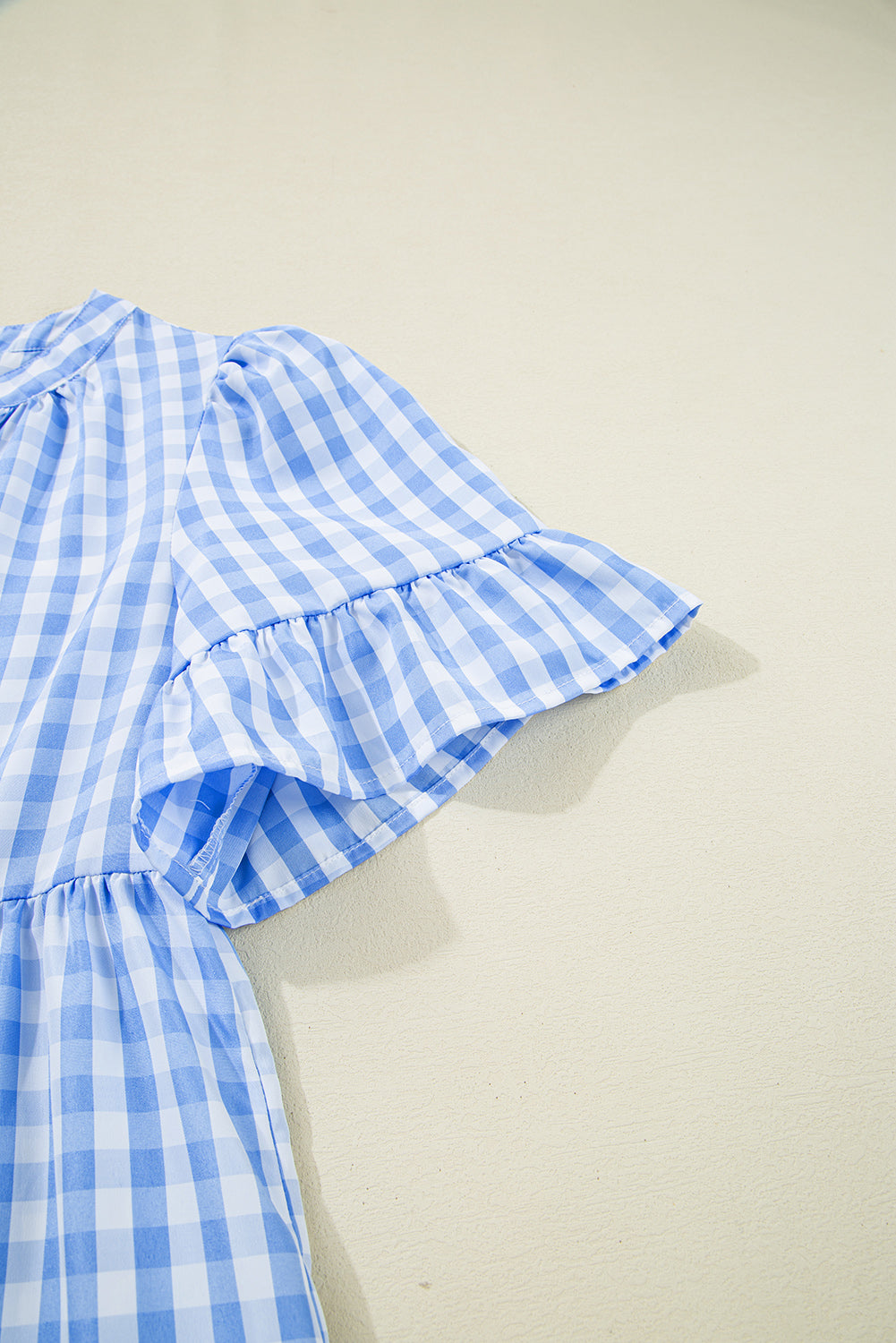 Sky Blue Gingham Short Sleeve Button Tie Split Neck Loose Mini Dress eAura