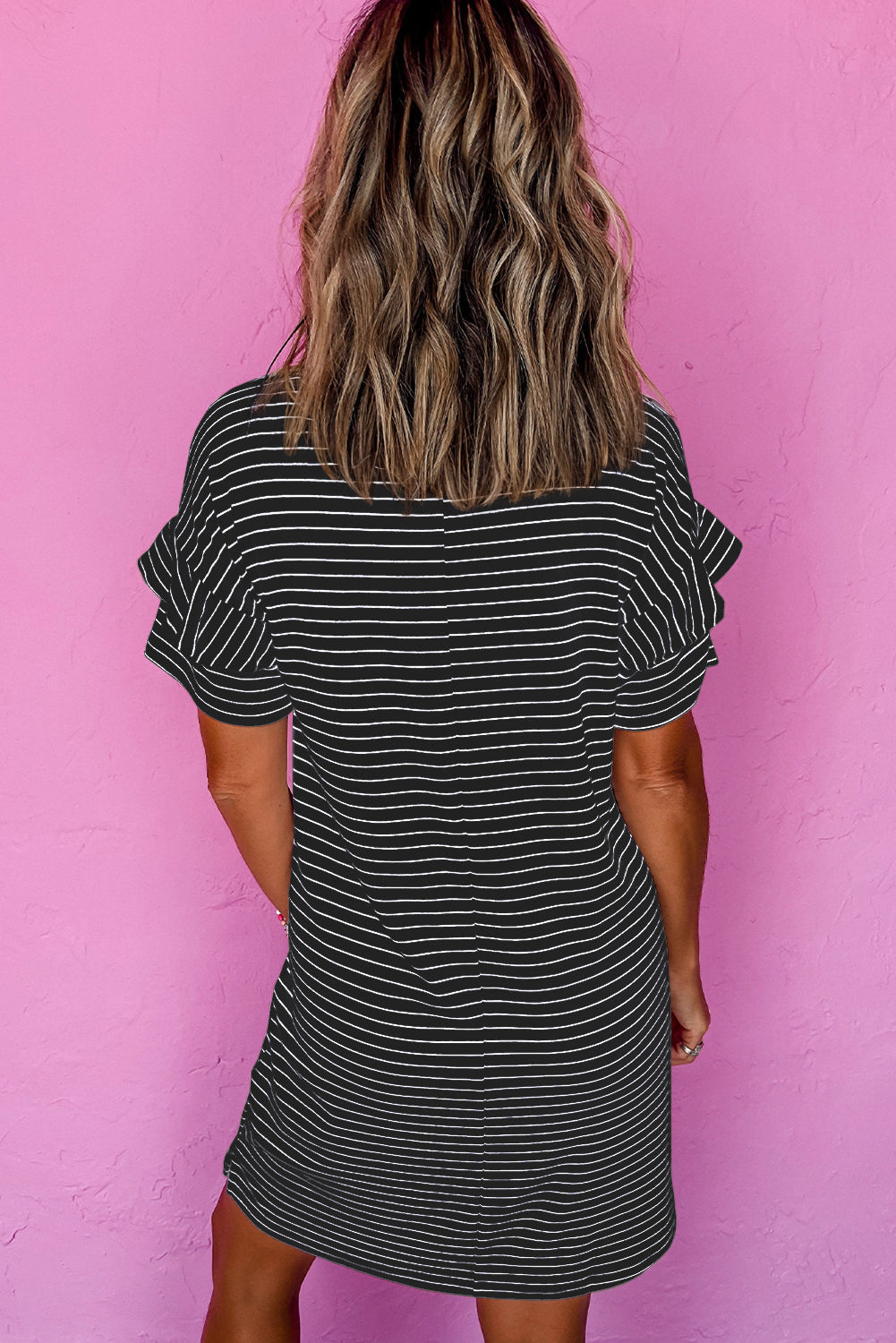 Black Stripe Ruffled Short Sleeve Crew Neck T Shirt Shift Mini Dress eAura
