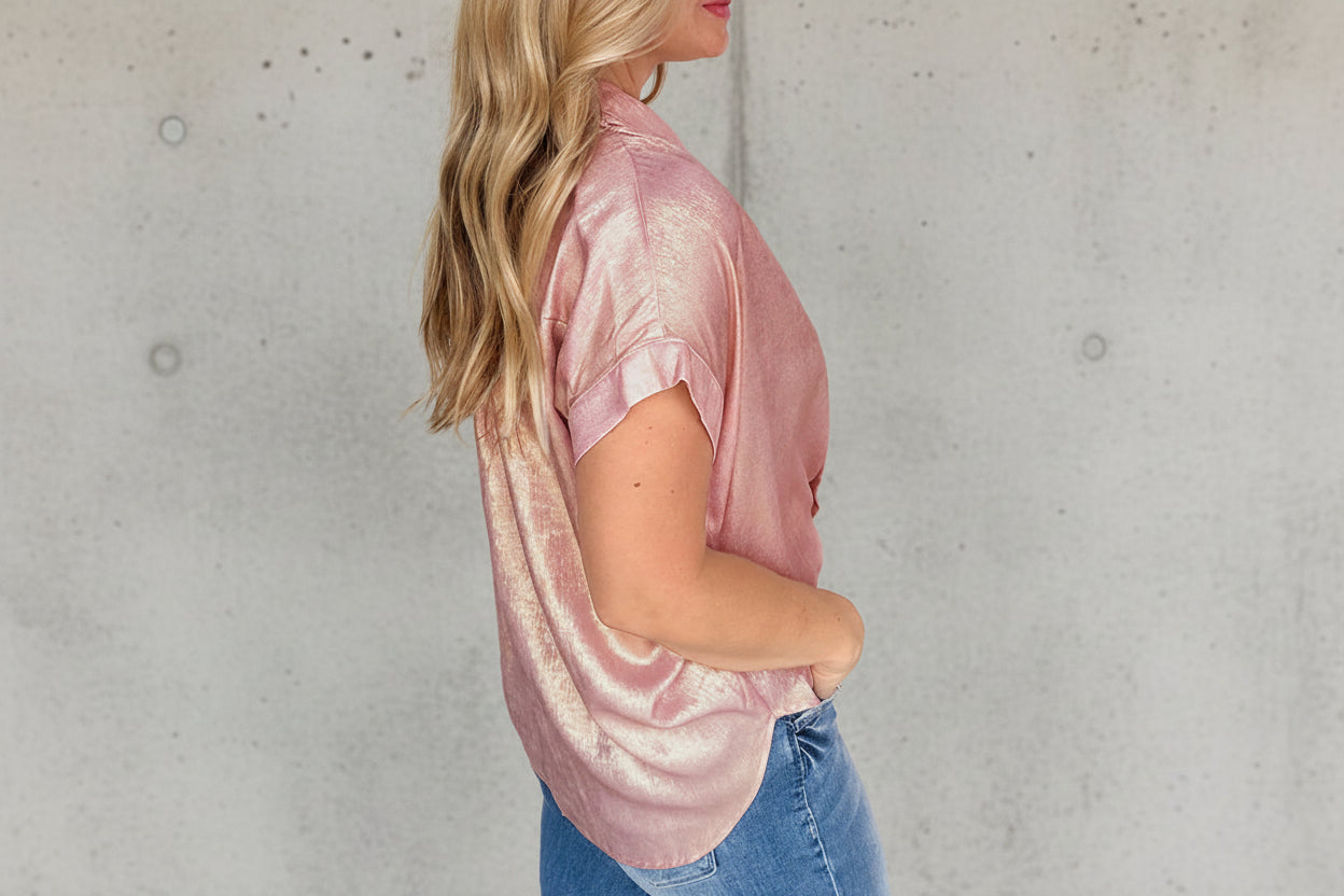Metallic Buttoned Loose Fit Short Sleeve Shirt