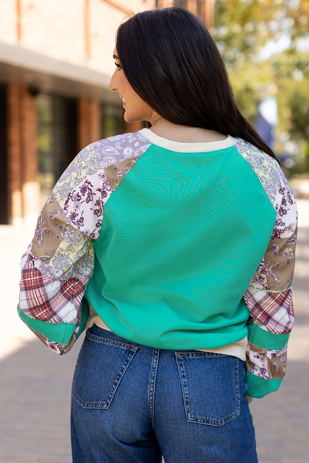 Aruba Blue Plaid Vintage Paisley Patchwork Long Sleeve Raglan Top Beagle Boutique Fashion Outlet