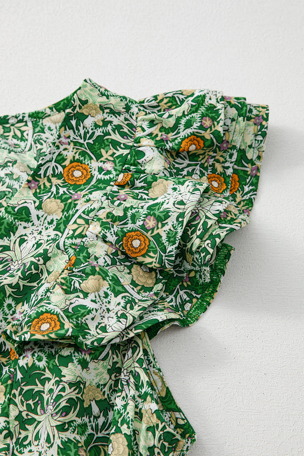 Green Flower Print Flutter Sleeve V Neck Sashed Ruffled Mini Dress eAura