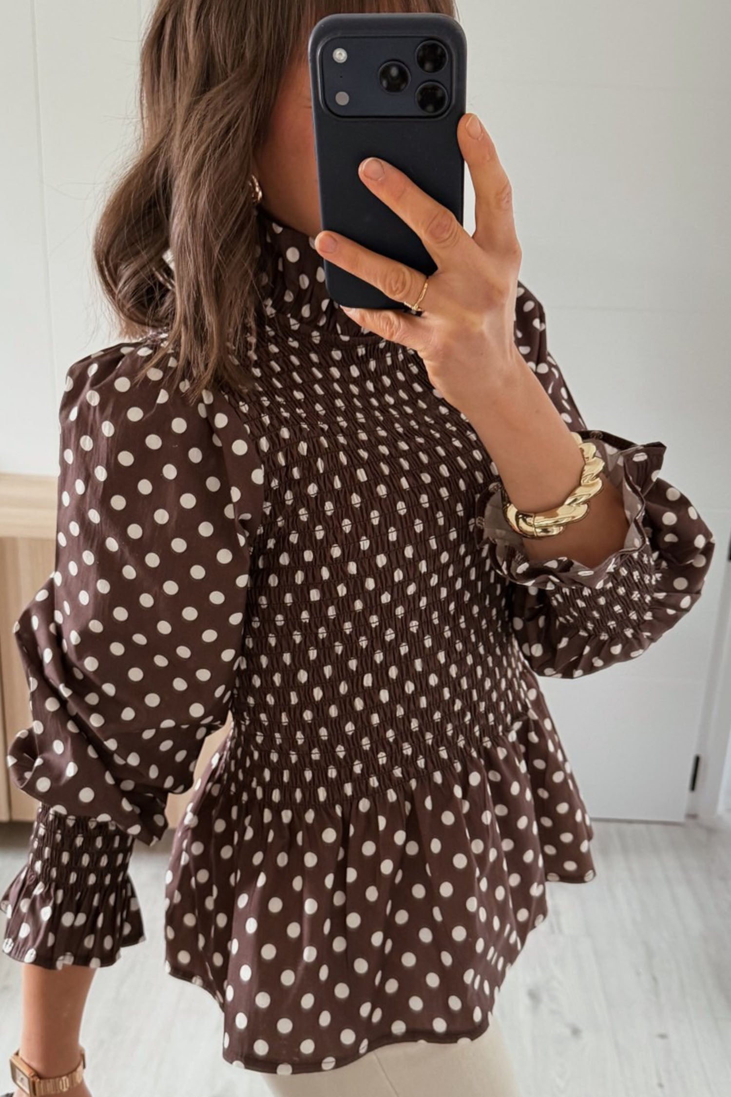 Polka Dot Ruffled High Neck Shirred Ruffle Hem Blouse – Brown