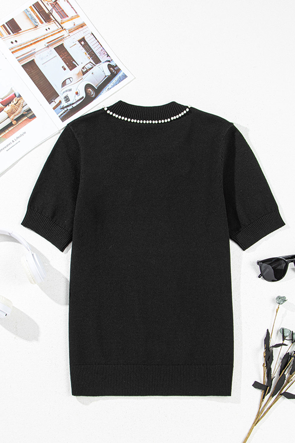 Black Pearl Bow Necklace Embellished Short Sleeve Knitted T Shirt eAura