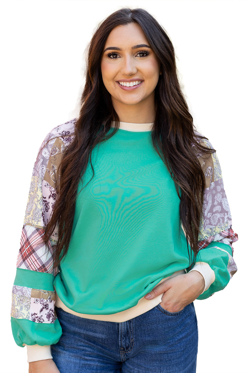 Aruba Blue Plaid Vintage Paisley Patchwork Long Sleeve Raglan Top Beagle Boutique Fashion Outlet