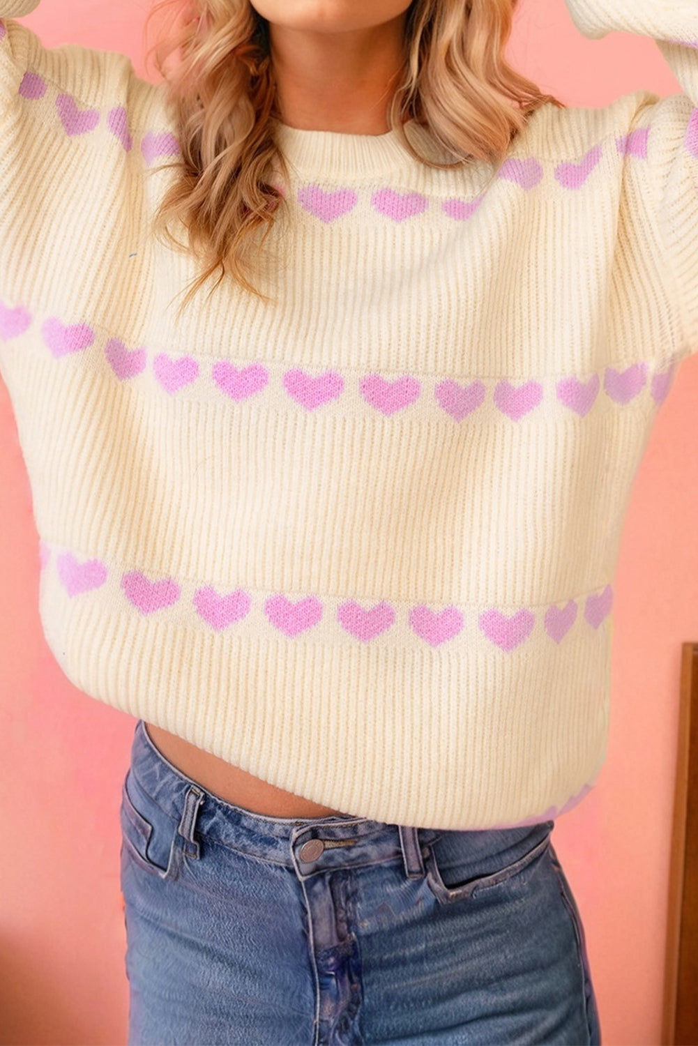 Heart Pattern Rib Knit Sweater - eAura
