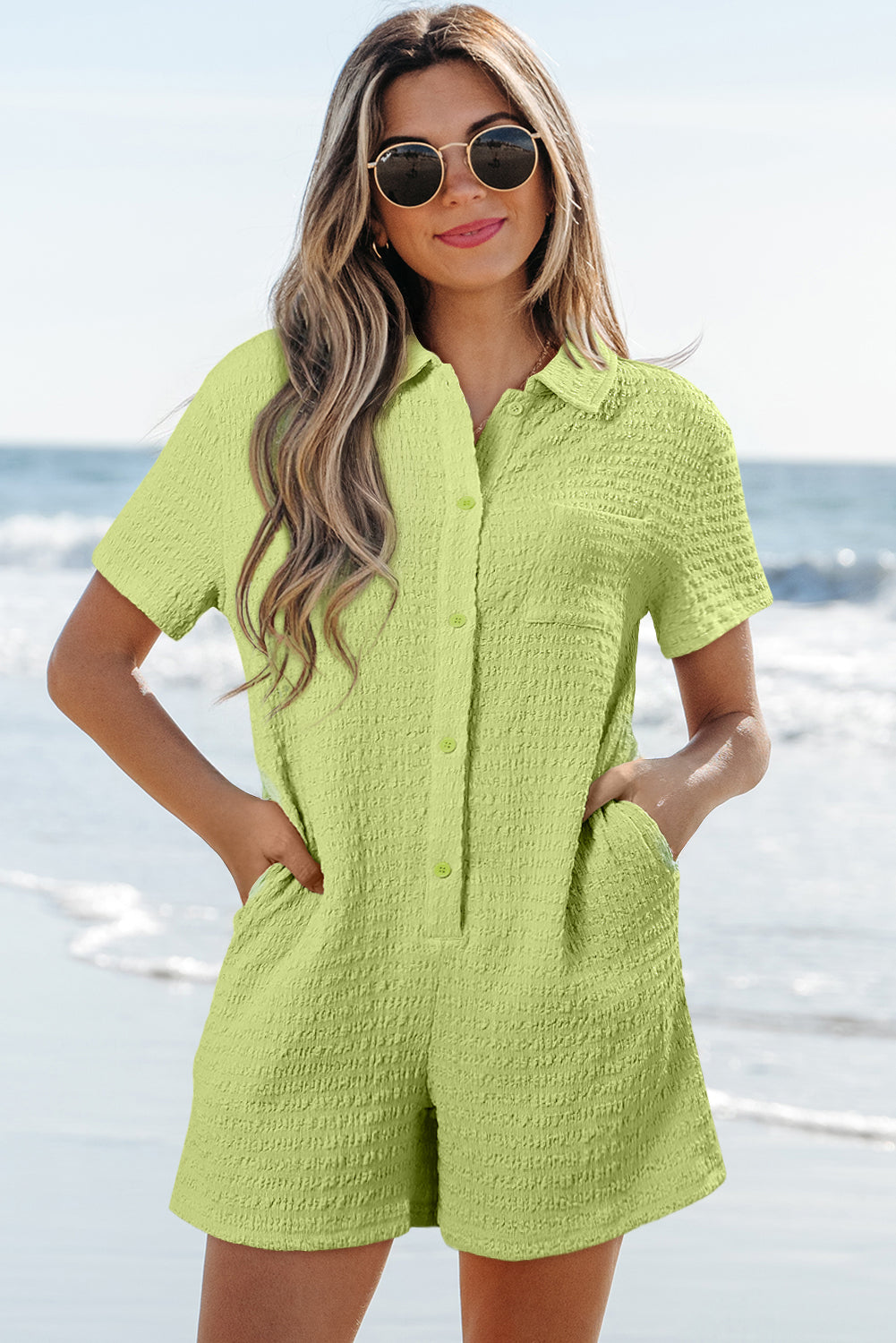 Meadow Mist Green Textured Short Sleeve Patched Pocket Buttoned Shirt Romper eAura