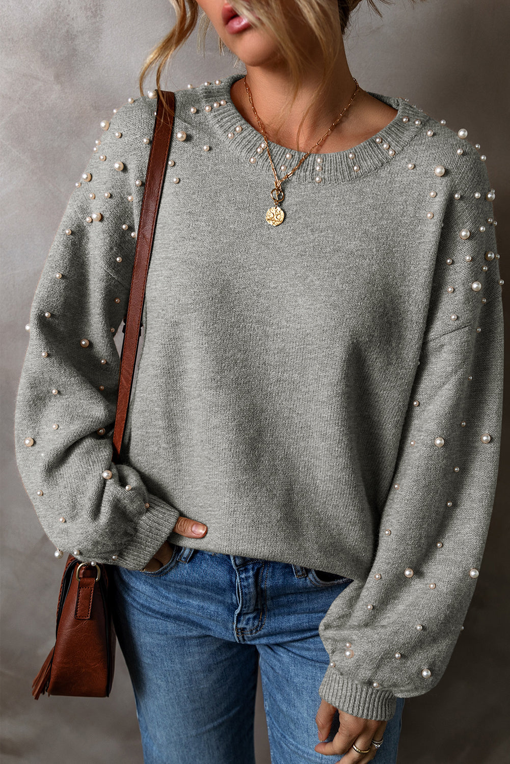 Light Grey Pearled Drop Shoulder Round Neck Sweater eAura