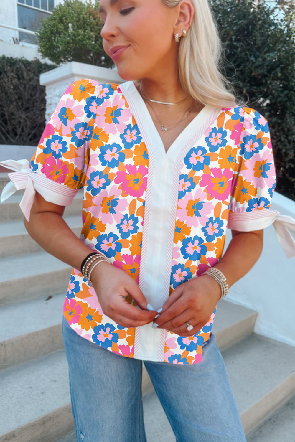 White Floral Striped Edge V Neck Knotted Short Sleeve Blouse eAura