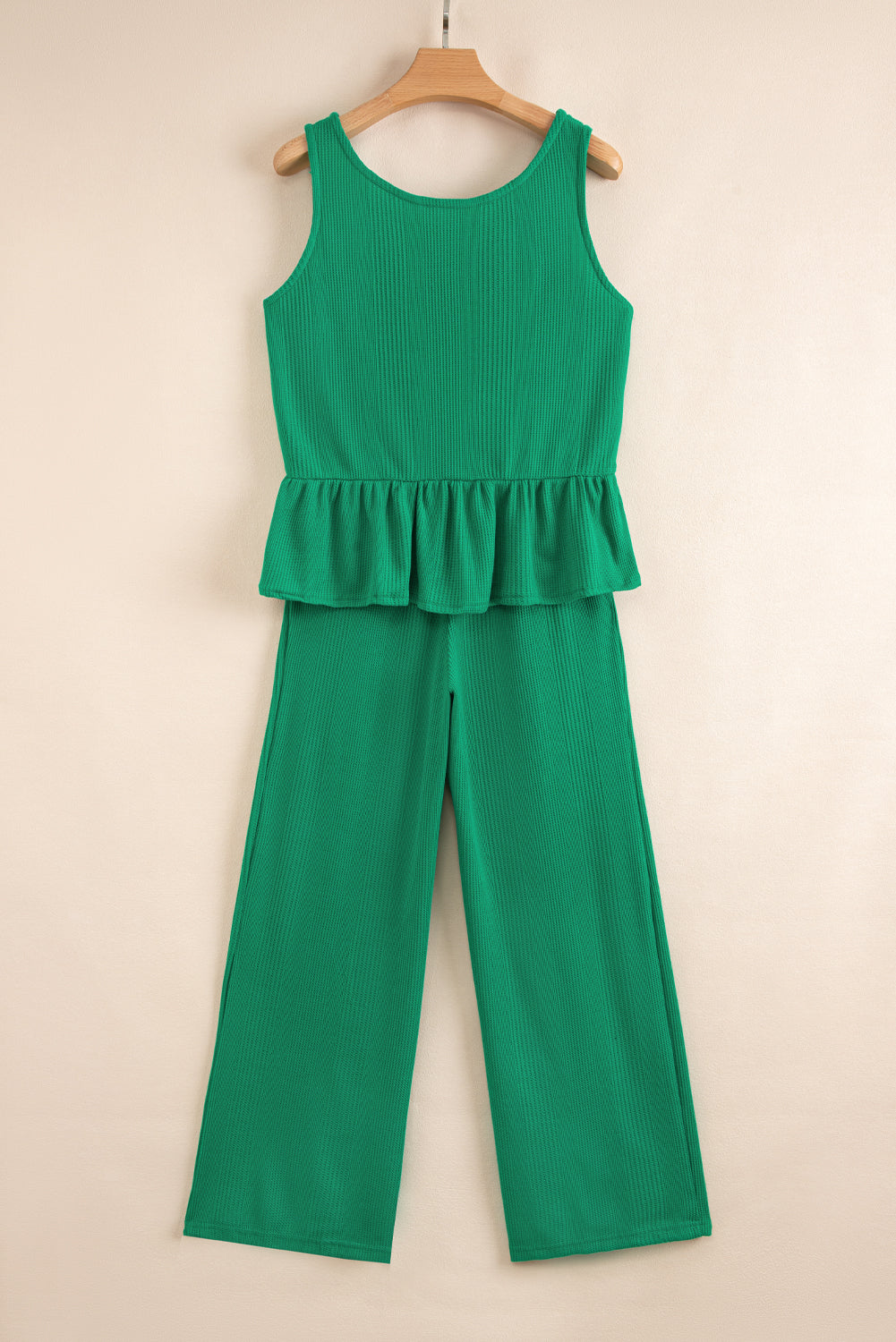 Green Solid Colour Ribbed Ruffle Tank Top and Trousers Set eAura