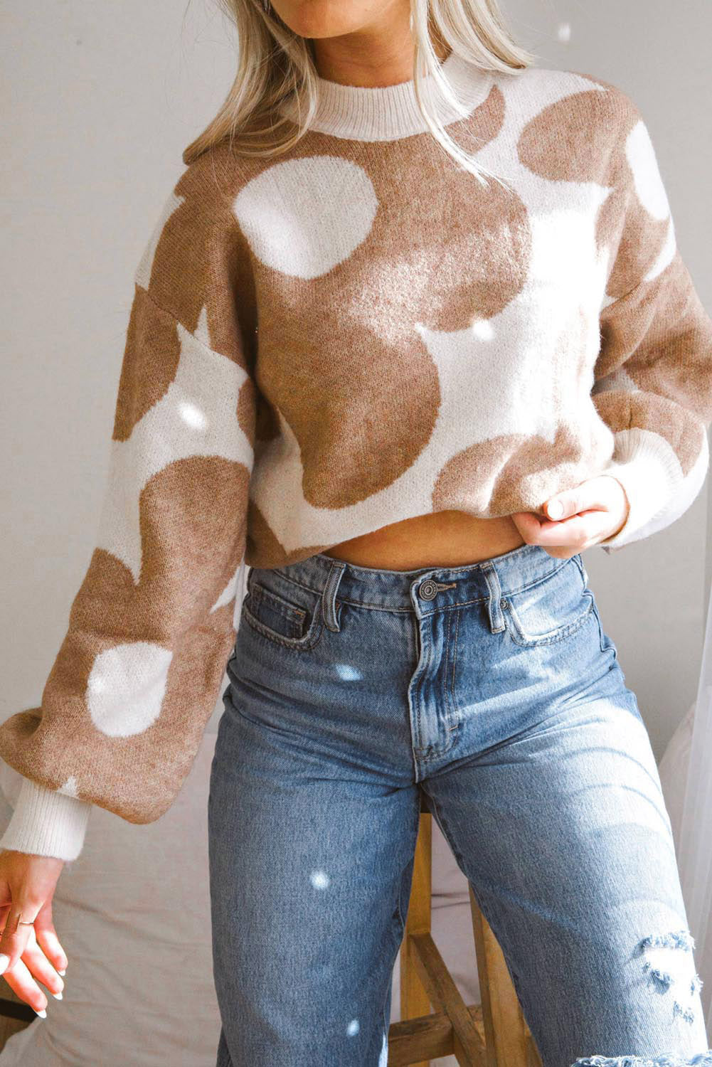 Khaki Big Flower Pattern Drop Shoulder Sweater eAura