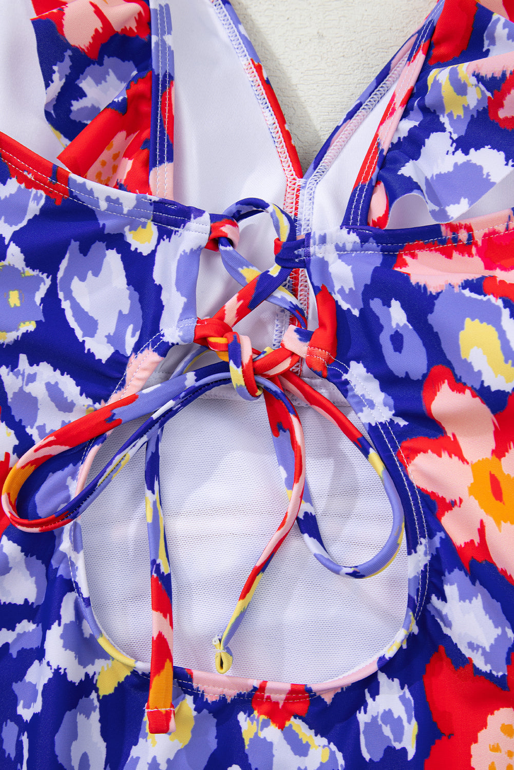 Blue Floral Ruffle Trim V Neck Lace-up Back Tummy Control One Piece Swimsuit eAura