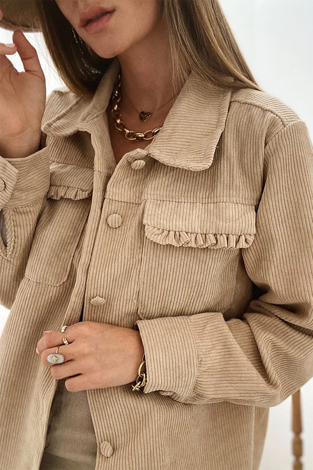 Light French Beige Solid Frilled Flap Pocket Button Up Corduroy Shacket Beagle Boutique Fashion Outlet