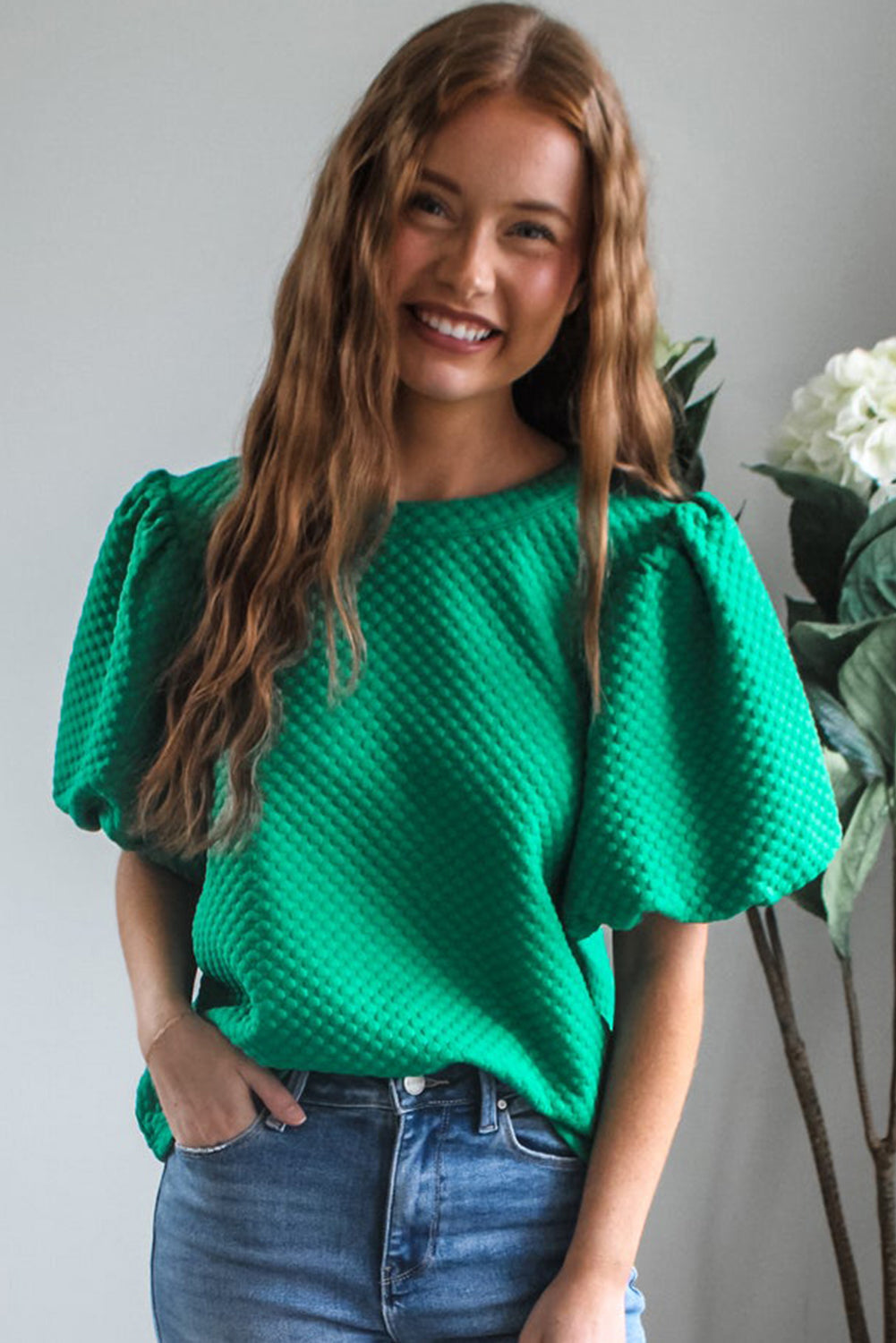 Sea Green Solid Textured O Neck Puff Sleeve Blouse eAura