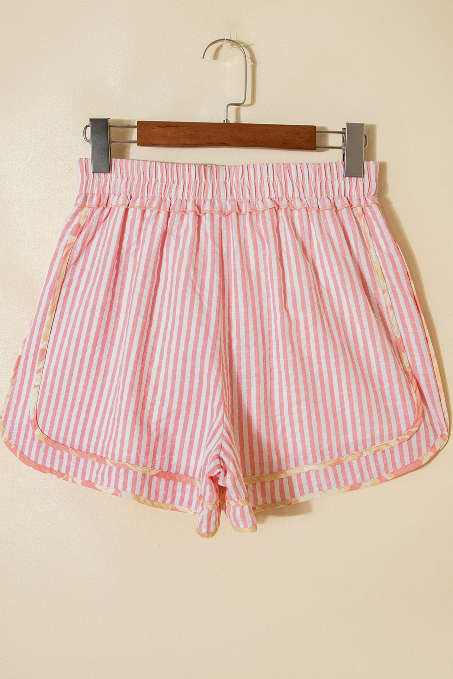 Pink Floral Trim Ribbon Knot Striped Shorts