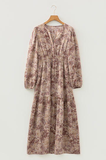 Floral Print Smocked High Waist Long Sleeve Maxi Dress