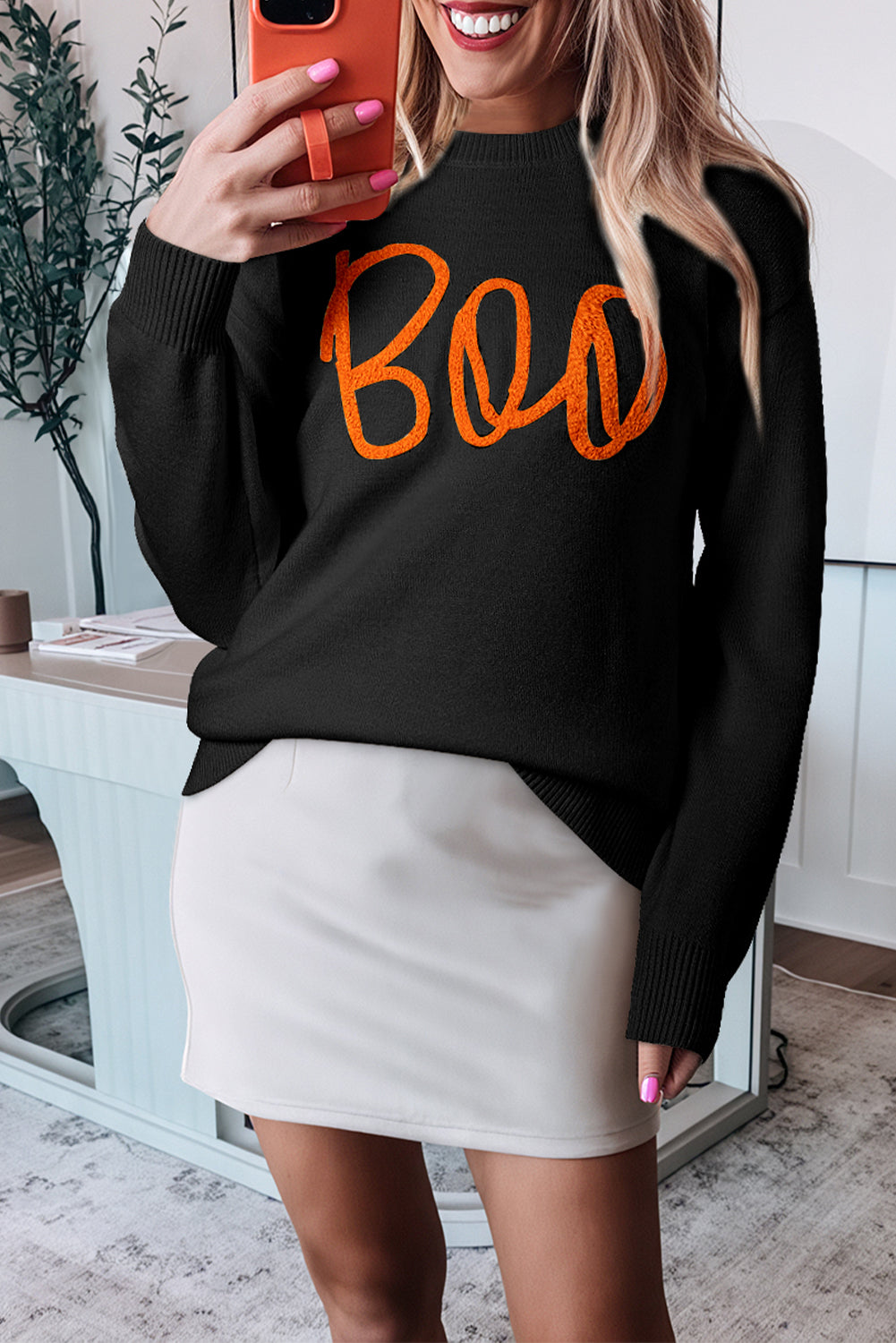 Black Boo Knitted Pattern Ribbed Edge Drop Shoulder Sweater eAura