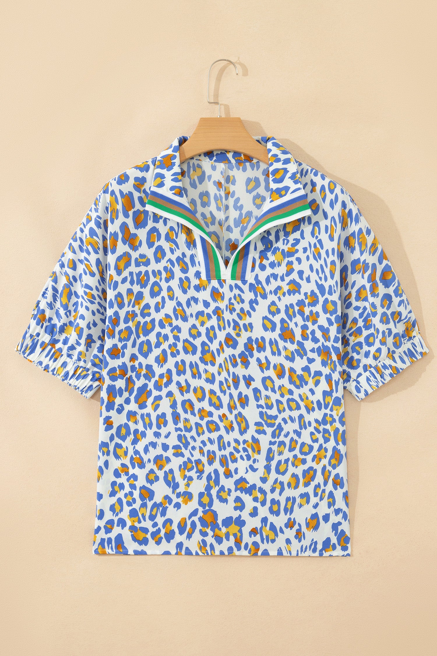 Leopard Contrast Striped V-Neck Loose Fit Blouse