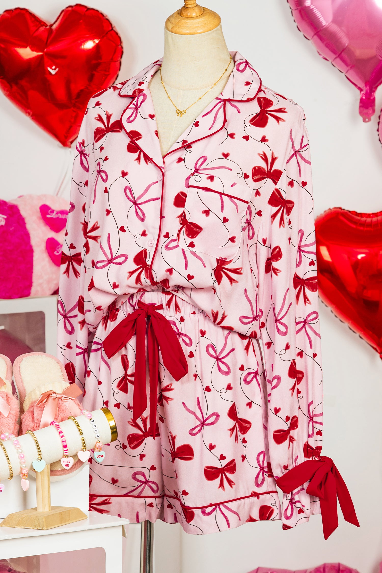 Bow Print Valentine Long Sleeve Shirt Shorts 2 Pcs Pajama Set – Red