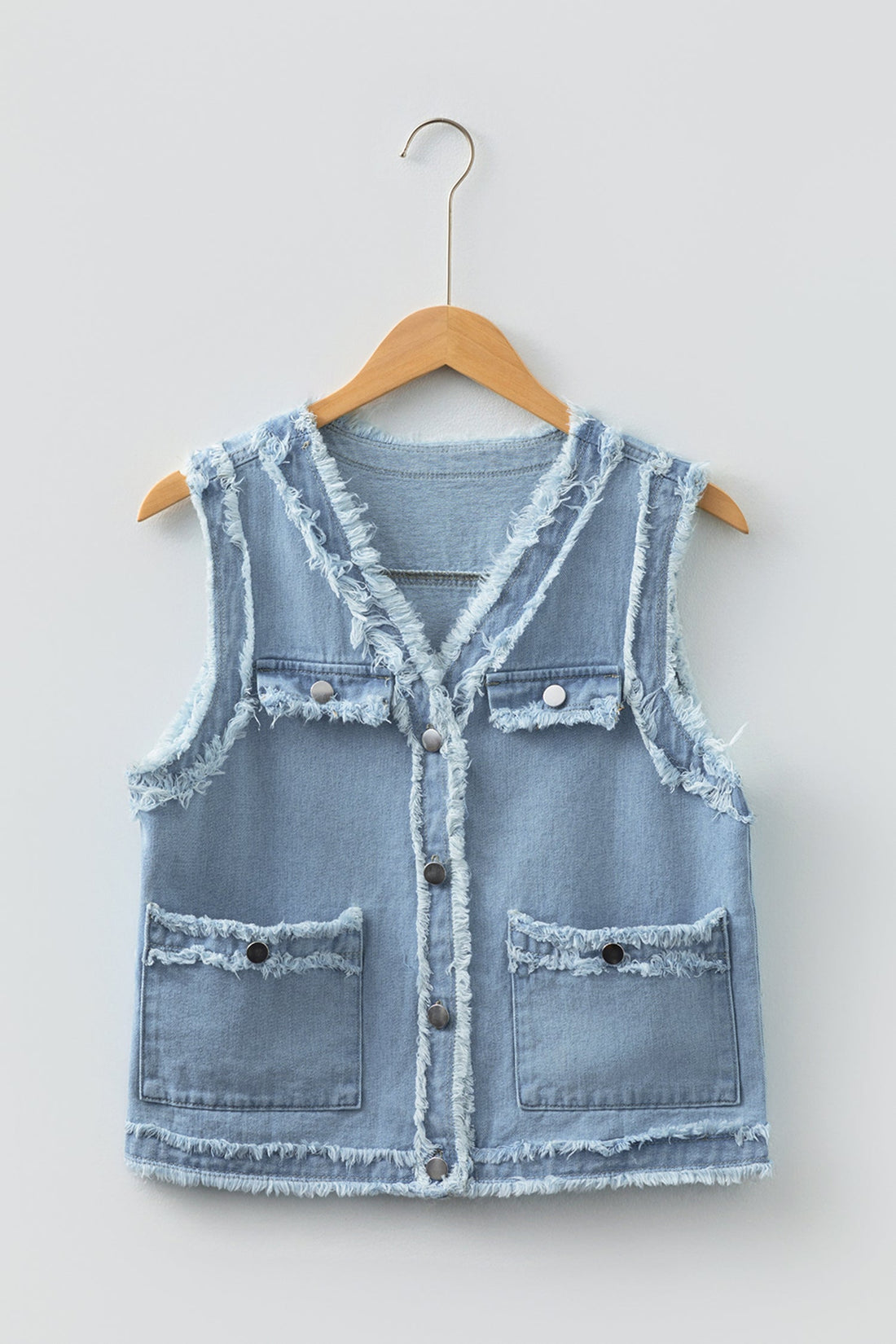 Frayed Edge Flap Pockets Denim Vest Jacket - eAura