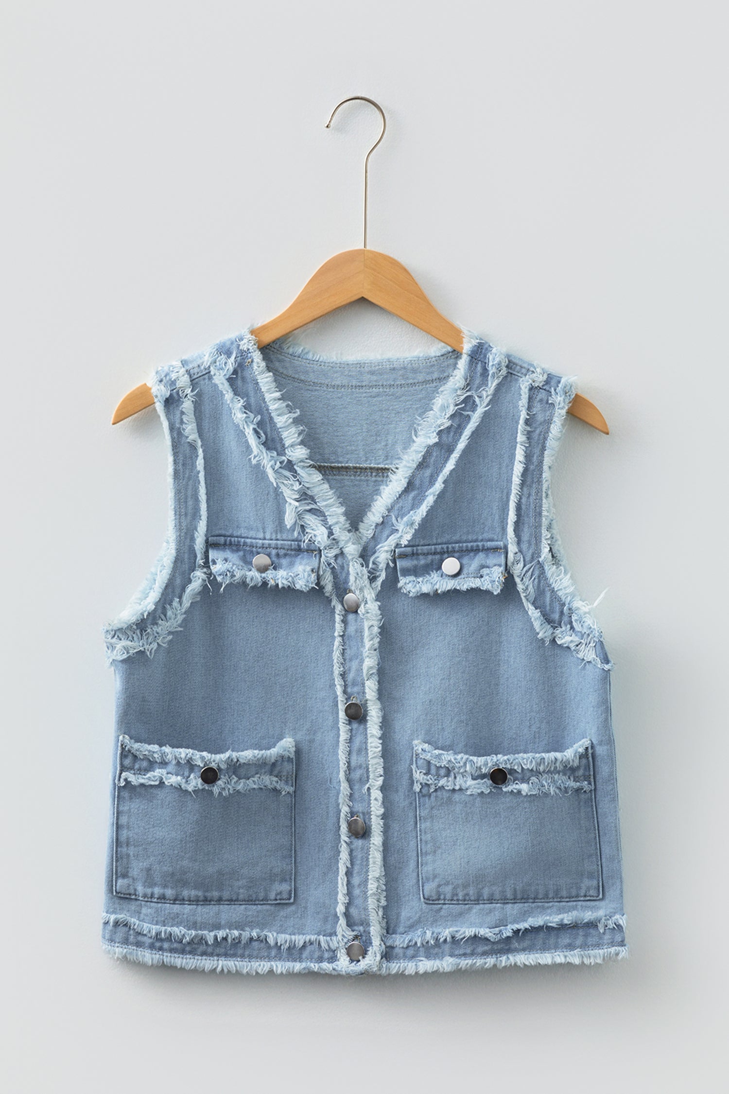 Frayed Edge Flap Pockets Denim Vest Jacket - eAura
