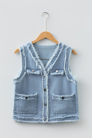 Frayed Edge Flap Pockets Denim Vest Jacket - eAura