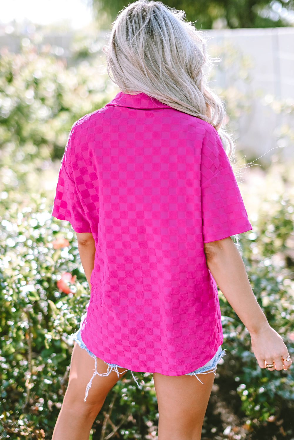 Bright Pink Lapel Neck Checkered Textured Short Sleeve Shirt BB Fashion Outlet